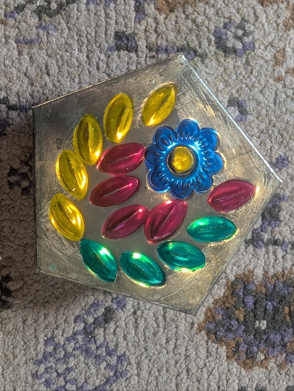 Vintage Mexican‎ Punched Tin Trinket Box With Floral Design Handmade Folk Art